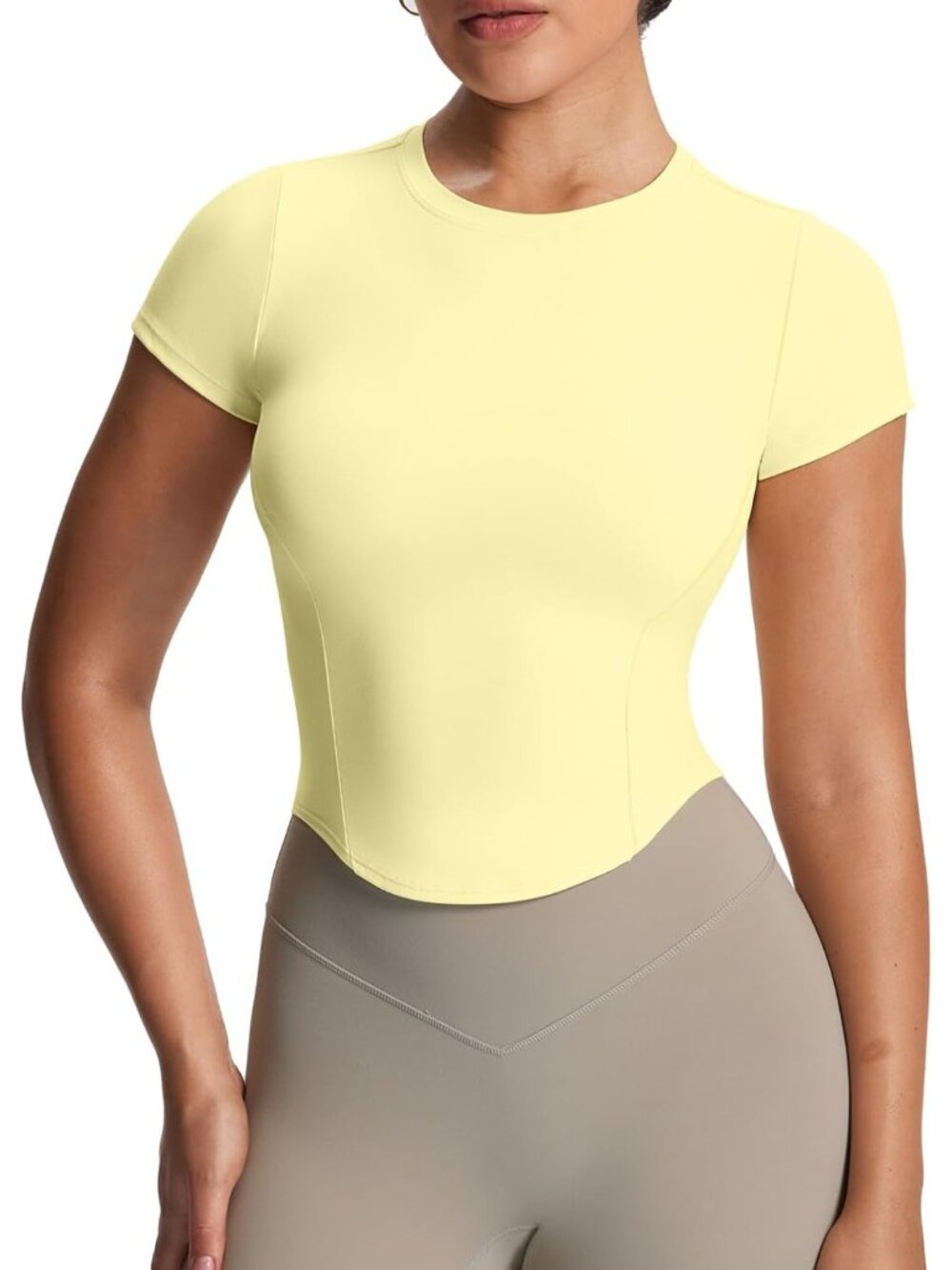 Women Light Yellow Short Sleeve T-Shirts GEO Baby Tee Workout Gym Yoga Crop Top